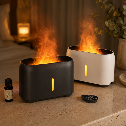 Humidificador aromático Calmia con efecto llama, negro y blanco